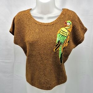 Vintage 80s 90s Brown Knit Sweater Colorful Parrot Appliqué Novelty Bird Top M